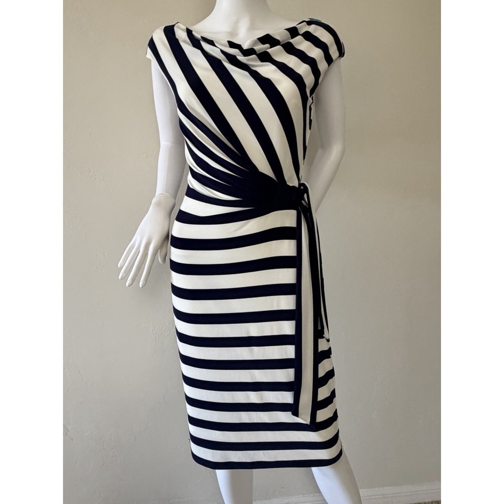 Ralph Lauren Striped Sheath Dress Side Tie‎ Navy White Size 4 - Picture 2 of 15